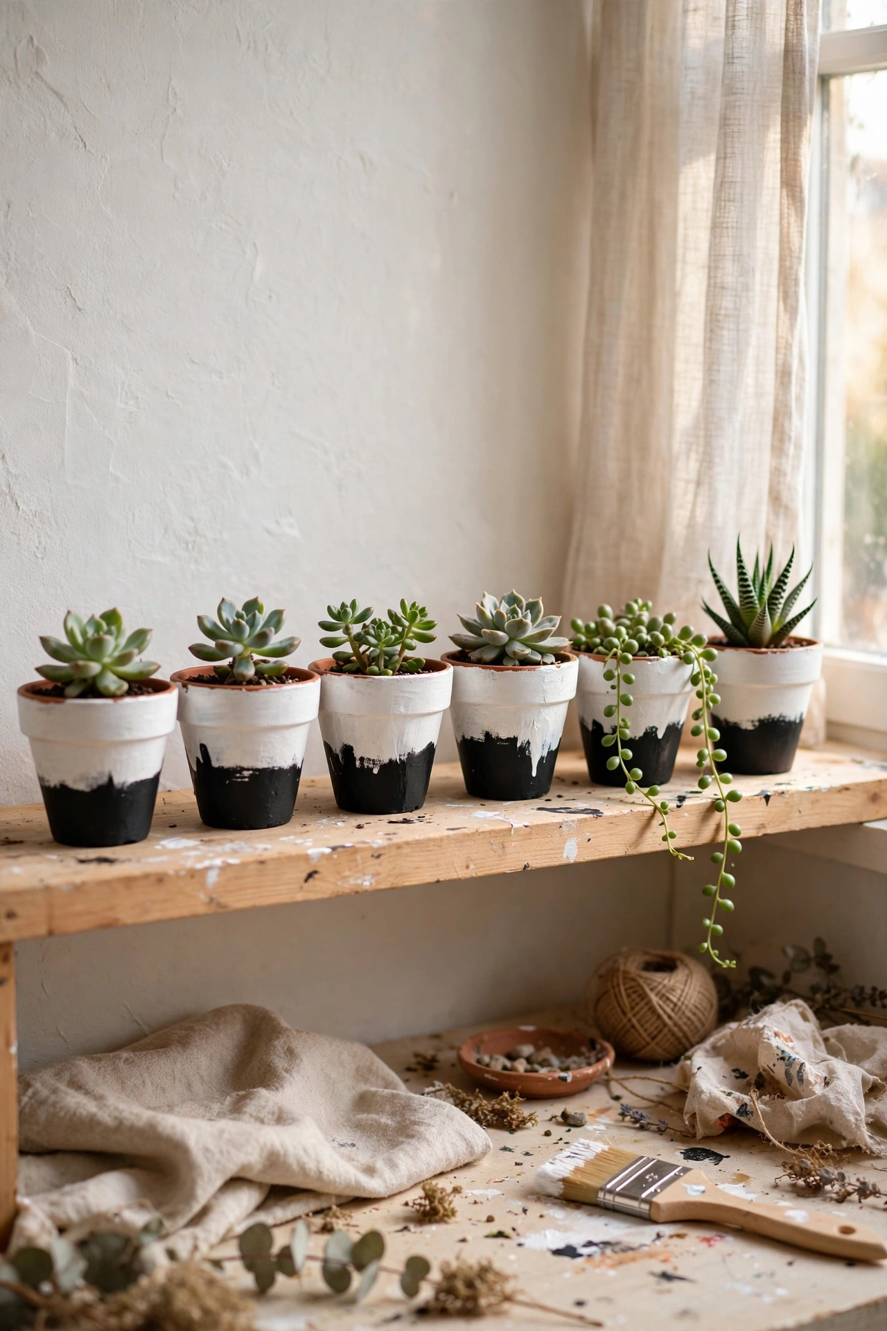 Row of small two-tone dipped terracotta pots in white and black with succulents