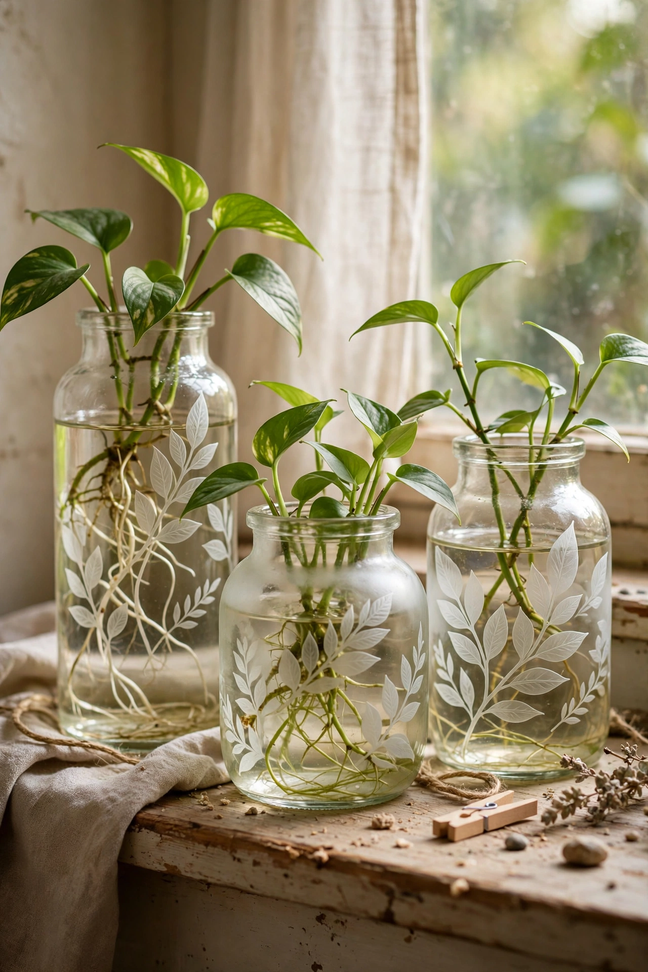 Frosted etched glass jars with leaf patterns holding propagated plant cuttings