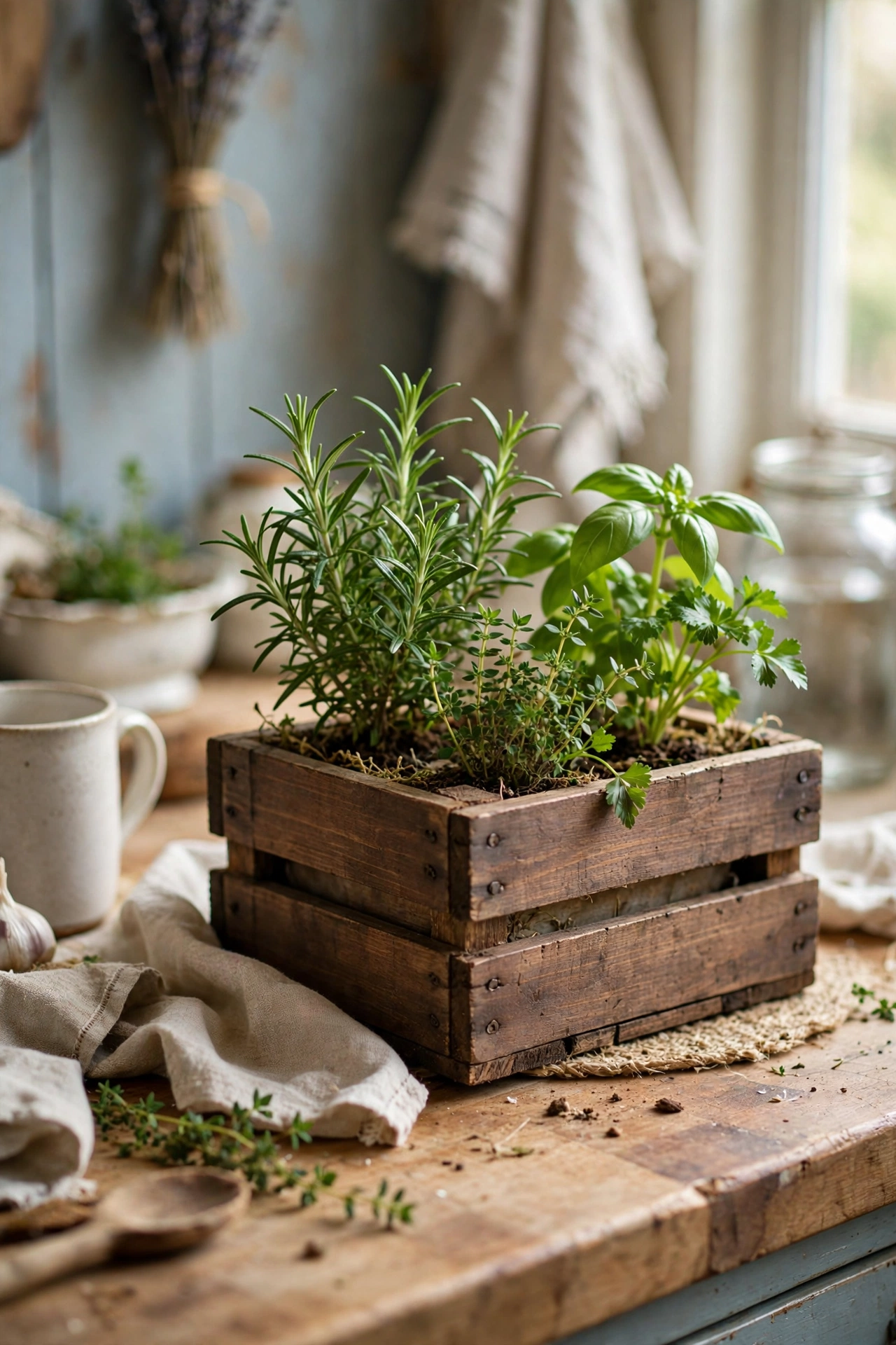 Rustic wooden crate planter with herbs on a kitchen counter