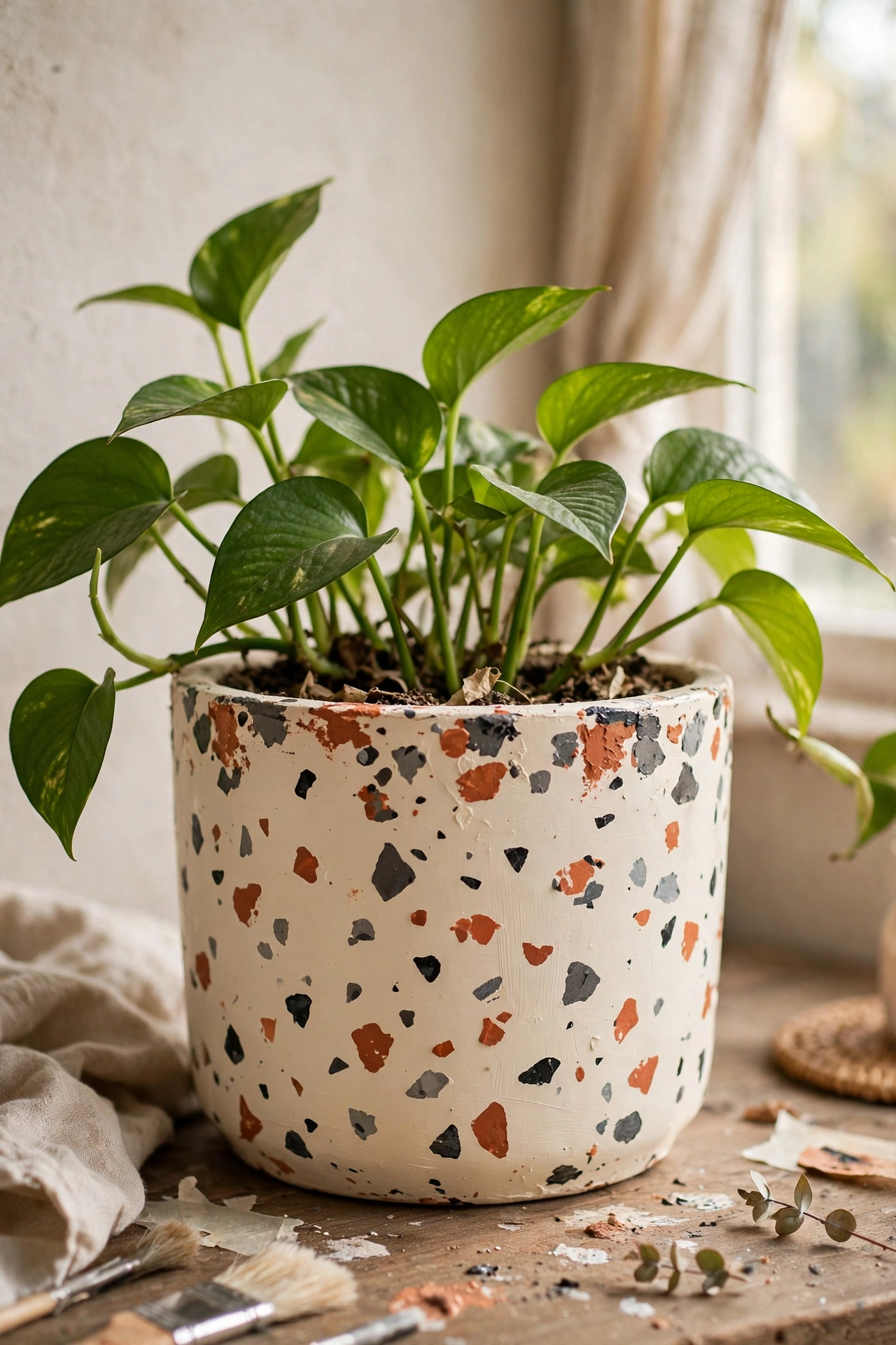 Cream planter with hand-dabbed terrazzo chips in terracotta and grey