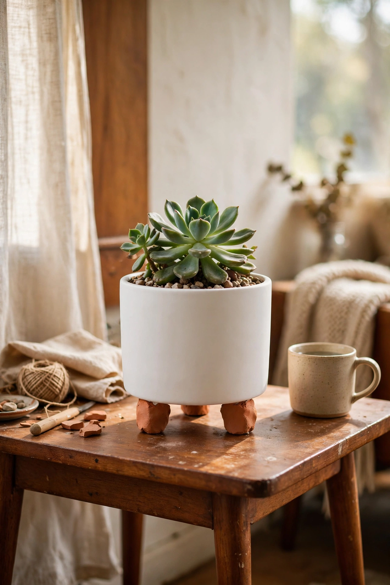 Minimalist white planter on three small clay feet holding a succulent