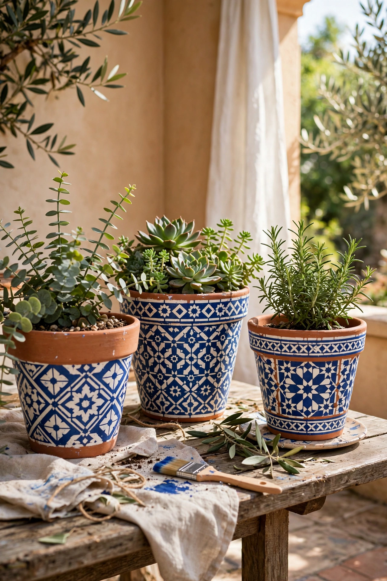 Terracotta pots stencilled with a blue and white tile pattern on a patio