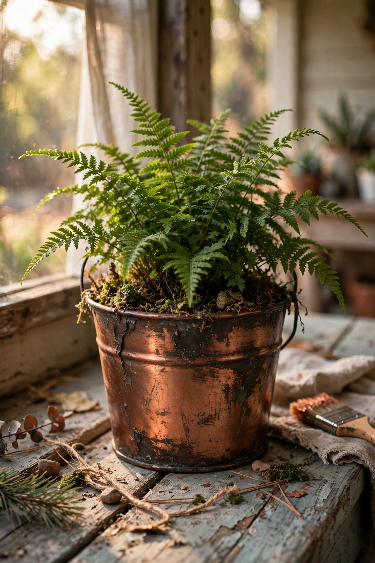 Copper-painted metal bucket planter with an aged patina holding a fern