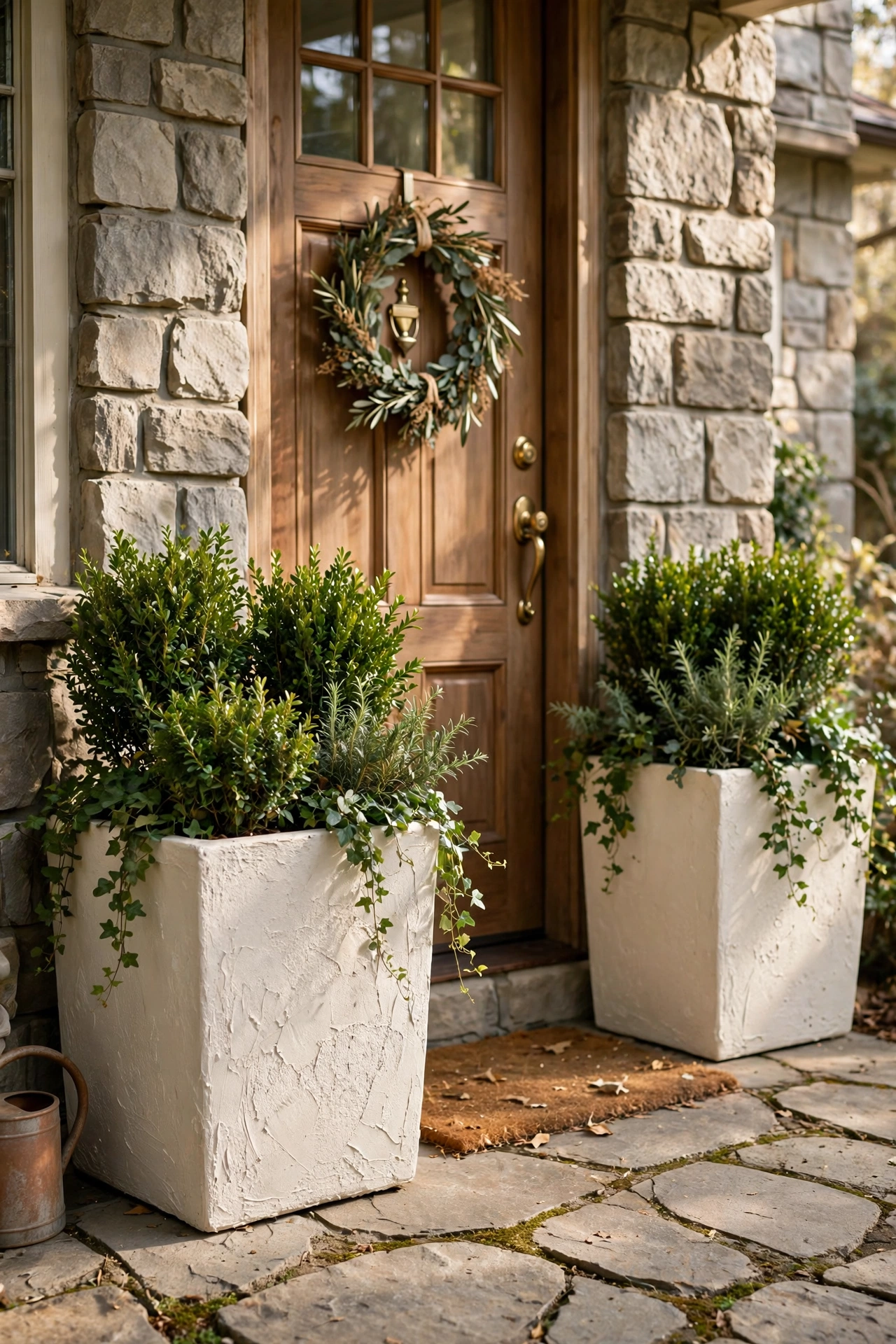 Large outdoor planters with textured stucco finish flanking a front door