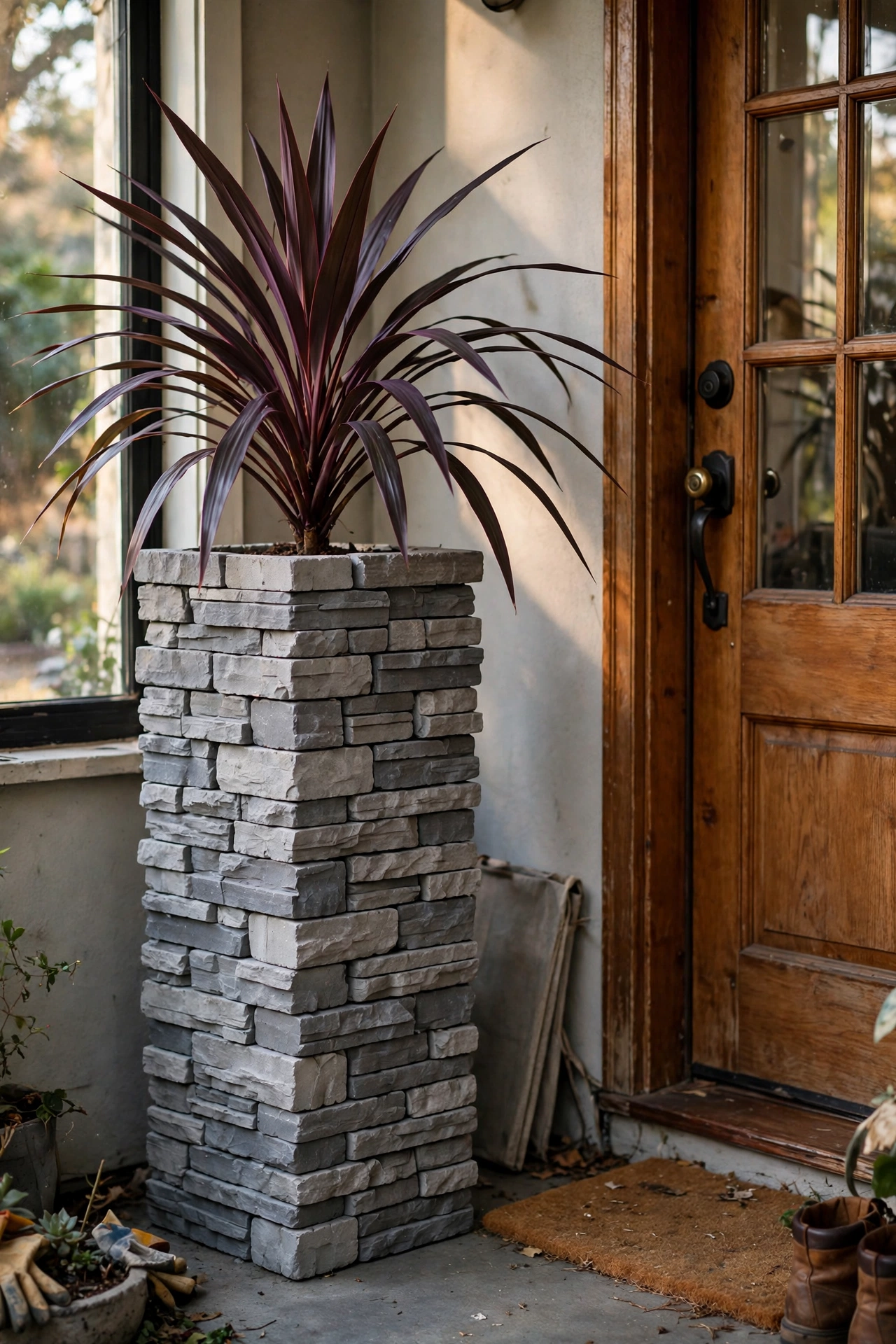 Tall stacked stone-look planter tower made from foam holding a cordyline