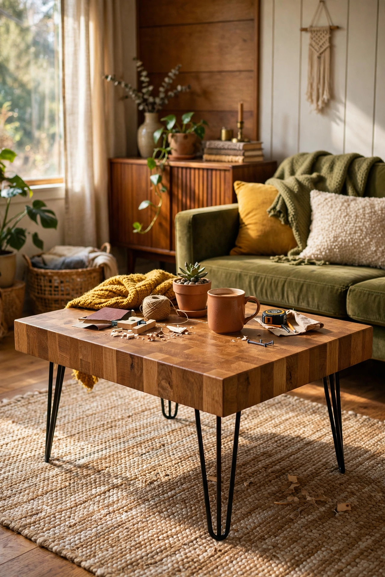 Oak butcher block coffee table on black hairpin legs in a living room