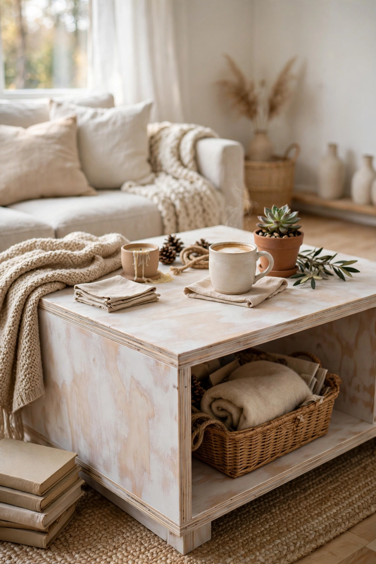 Limewashed plywood box coffee table with visible wood grain in a bright room