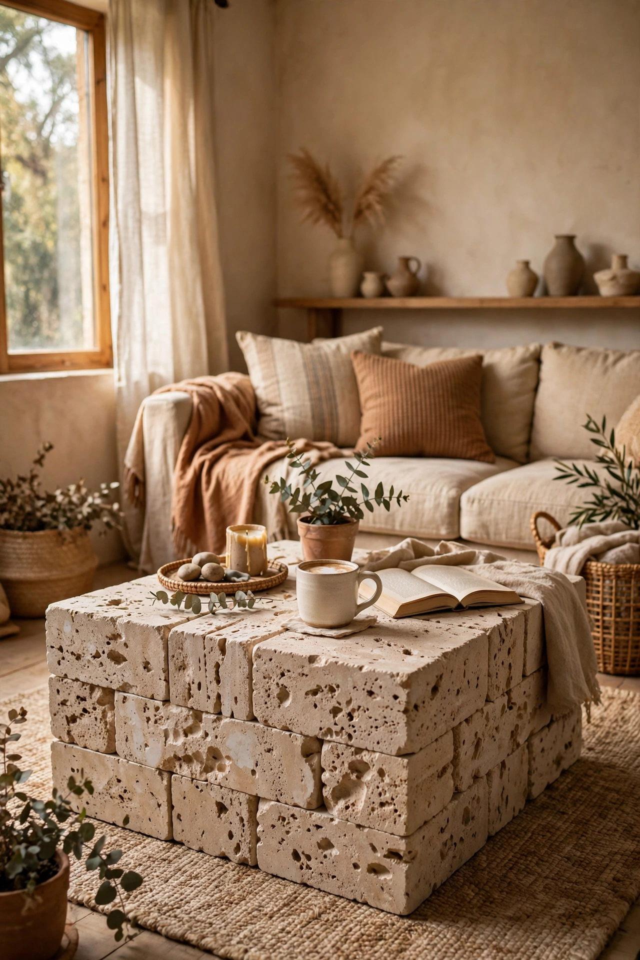 Travertine-look plaster block coffee table with pitted stone texture