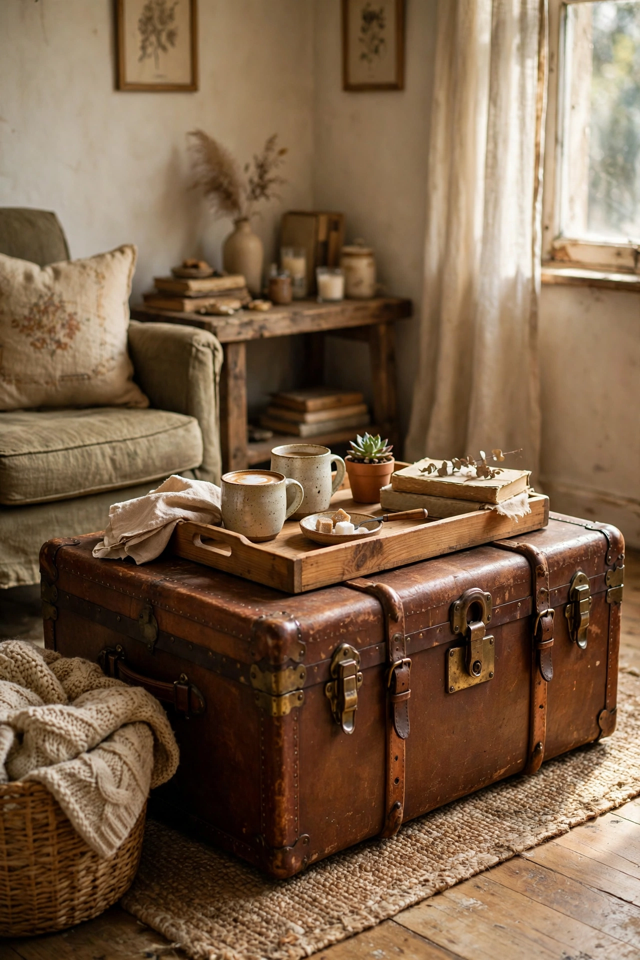 Vintage leather trunk used as a coffee table with a tray on top