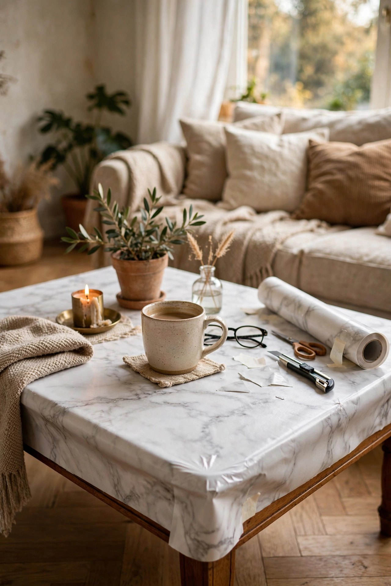 Old coffee table refreshed with white marble-effect contact paper