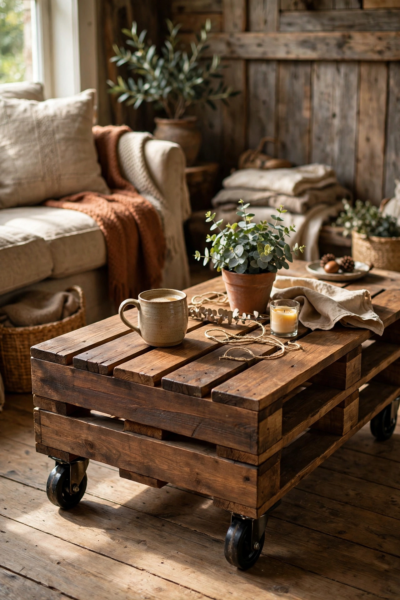 Sanded pallet coffee table stained walnut on castor wheels