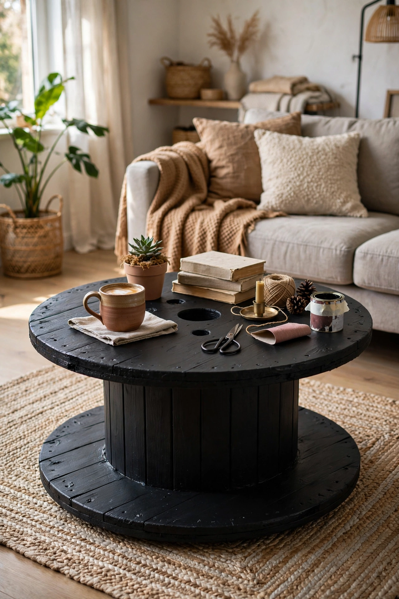 Round wooden cable spool drum coffee table painted matte black
