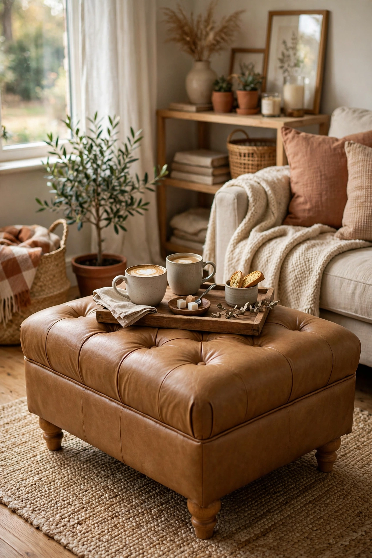 Faux leather ottoman coffee table with a tray holding coffee cups