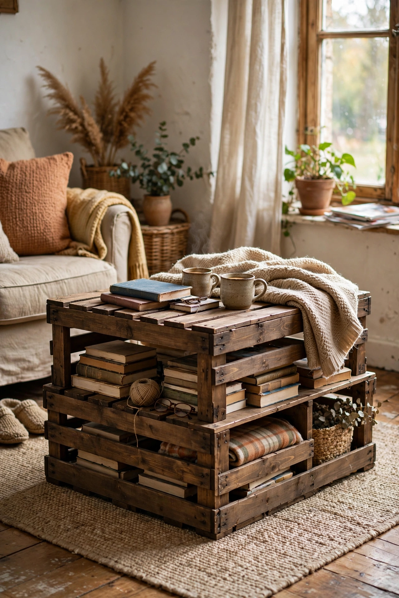 Two-tier coffee table built from stained wooden crates holding books