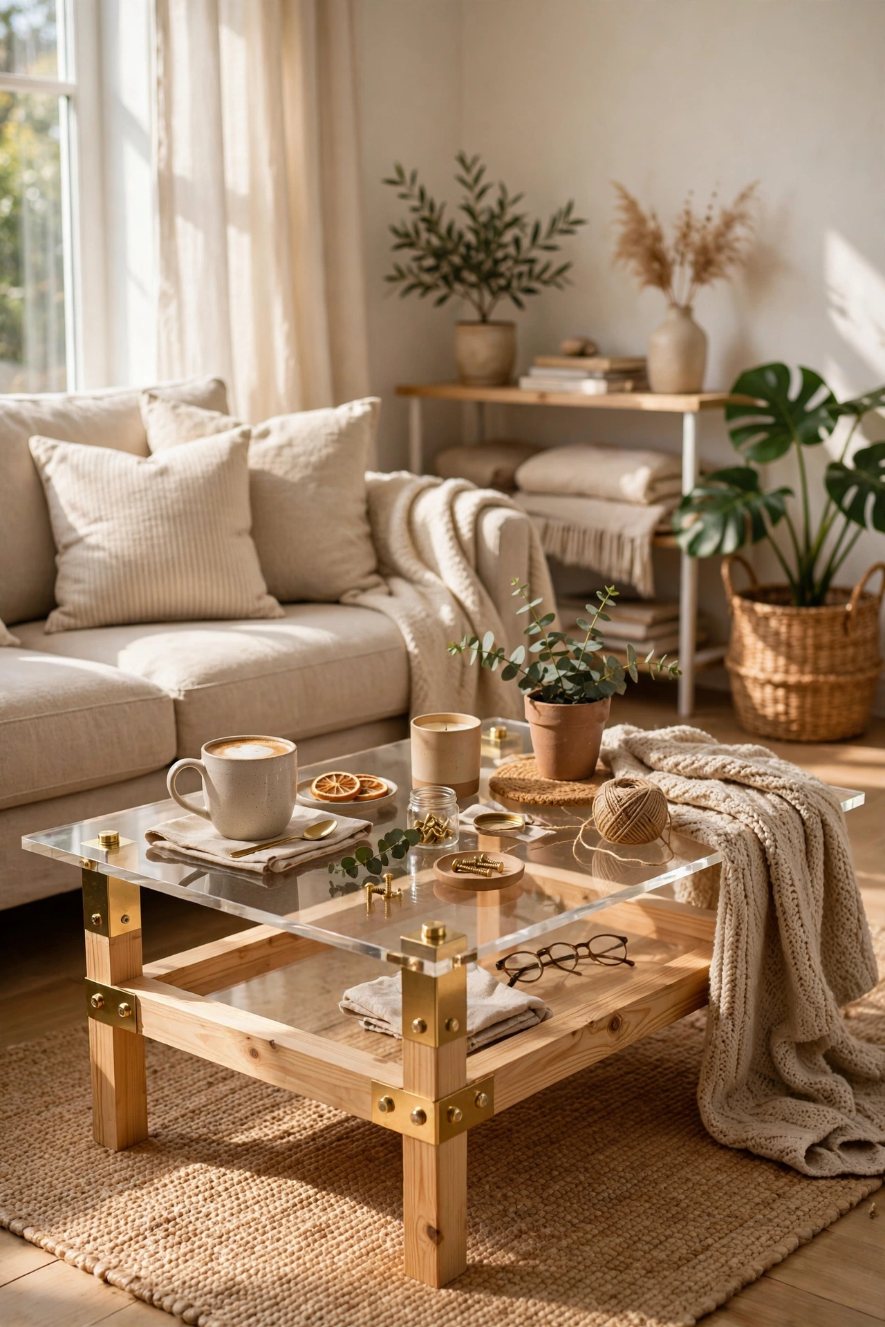 Glass-top coffee table with an acrylic sheet on a wooden base