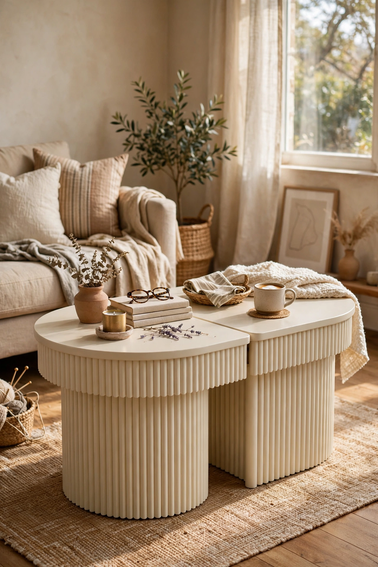 Pair of cream fluted side tables pushed together as a coffee table
