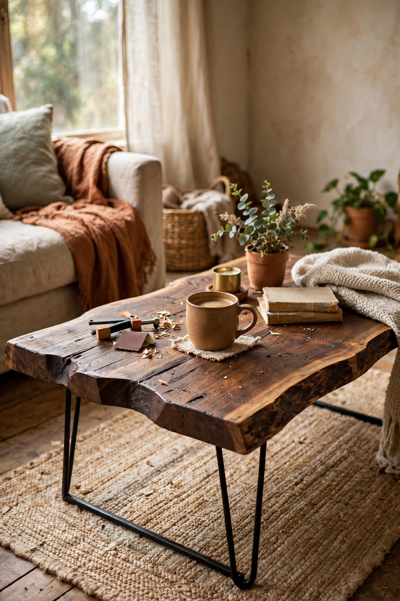 Pine coffee table with a wavy live-edge-look side stained dark walnut