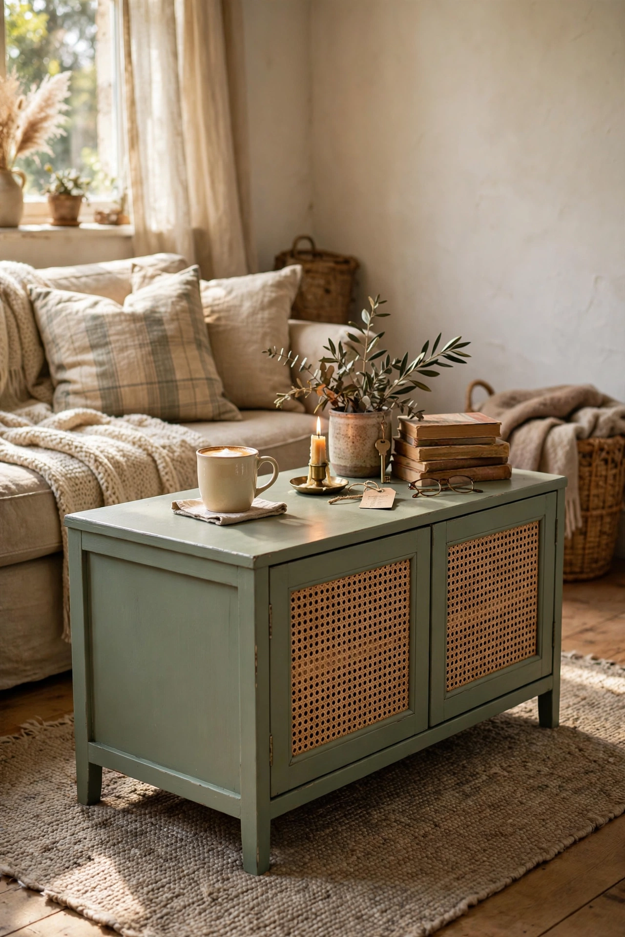 Sage green cabinet with cane webbing doors used as a coffee table