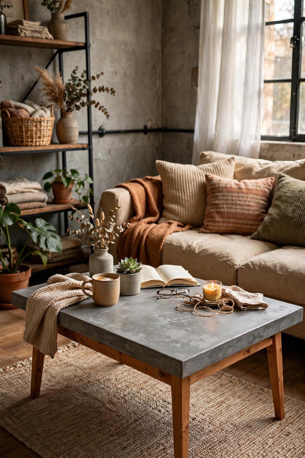 Coffee table with a concrete skim-coat top in soft grey