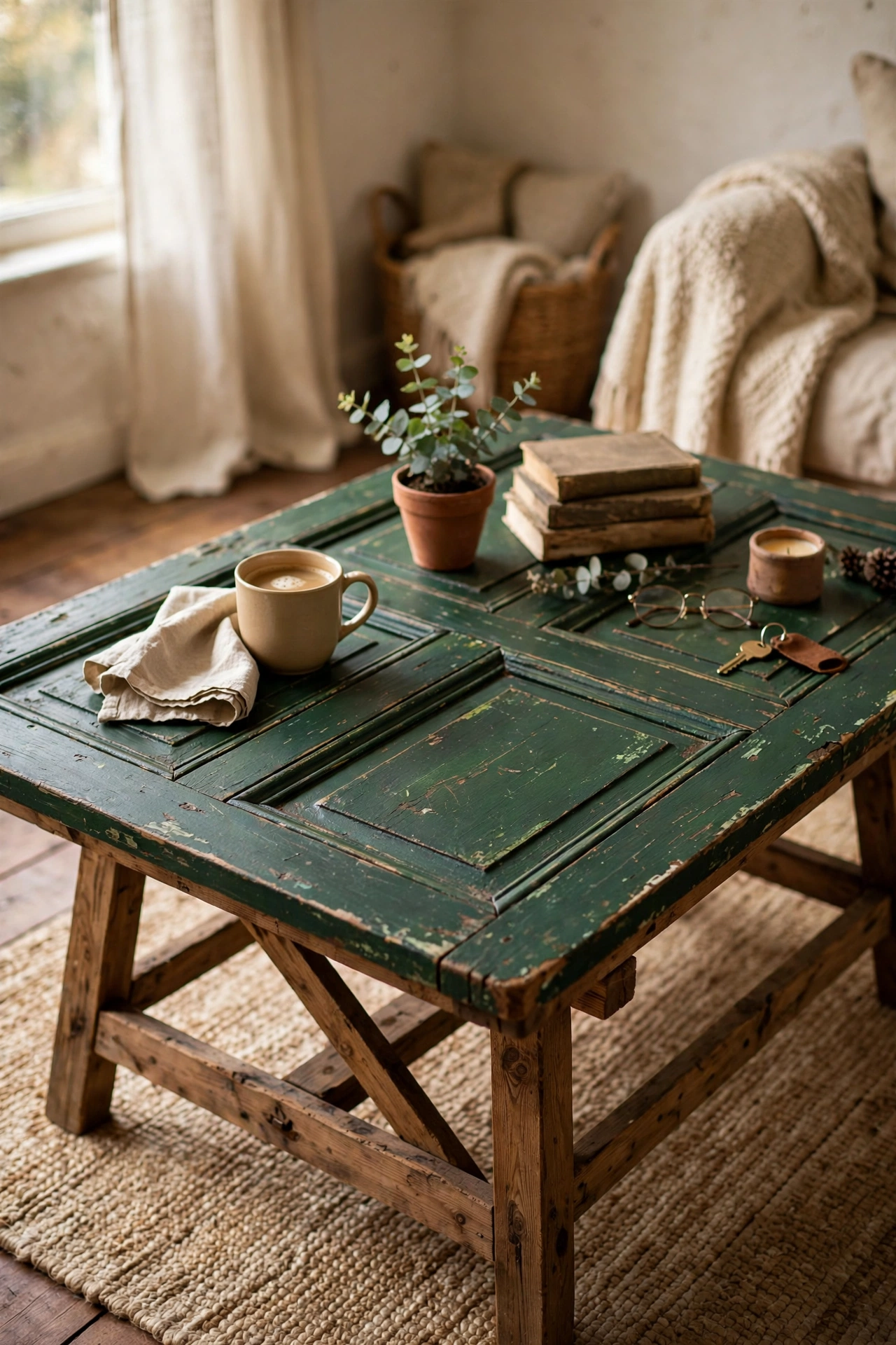 Old panelled door painted deep green mounted as a coffee table top