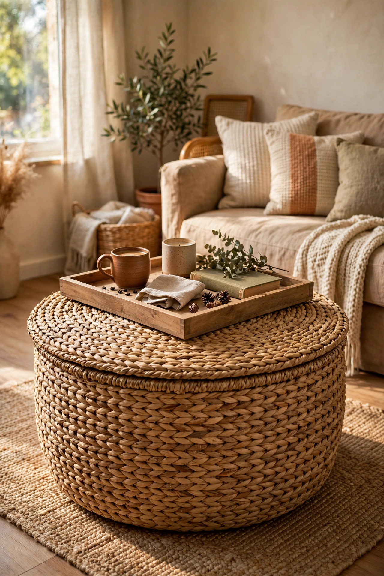 Large lidded seagrass basket used as a coffee table with a tray