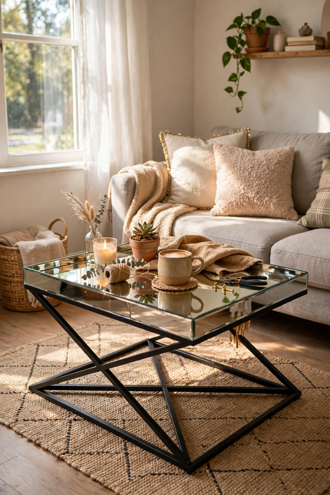 Mirrored tray coffee table reflecting light in a small living room