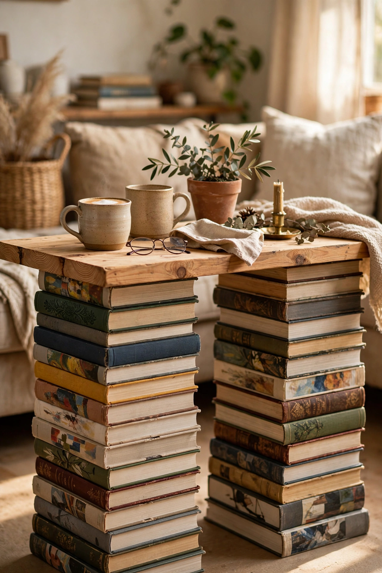 Coffee table with stacked hardback book legs and a pine top