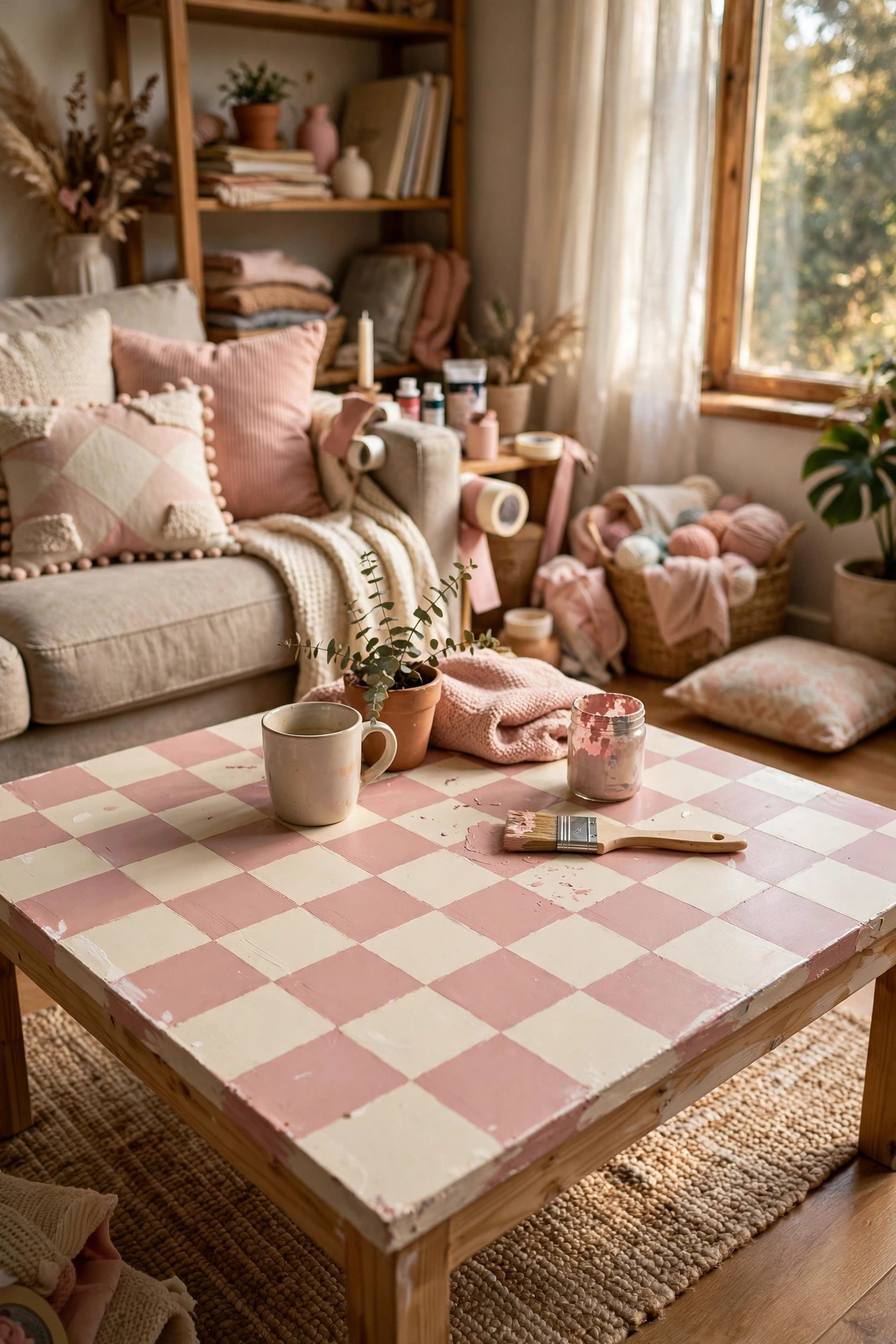 Square coffee table with a hand-painted cream and dusty pink checkerboard top