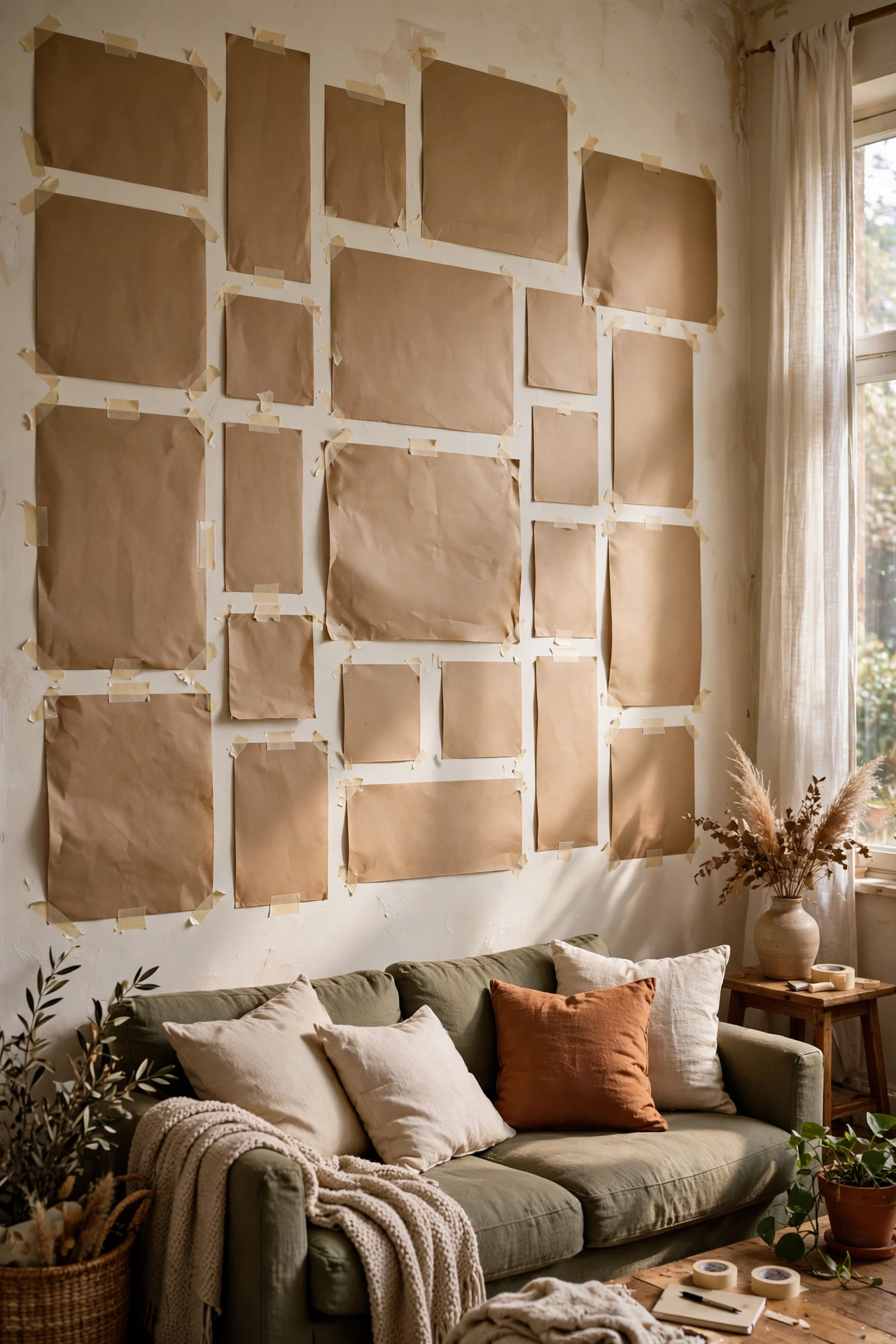 Gallery wall layout planned with paper templates taped to a living room wall