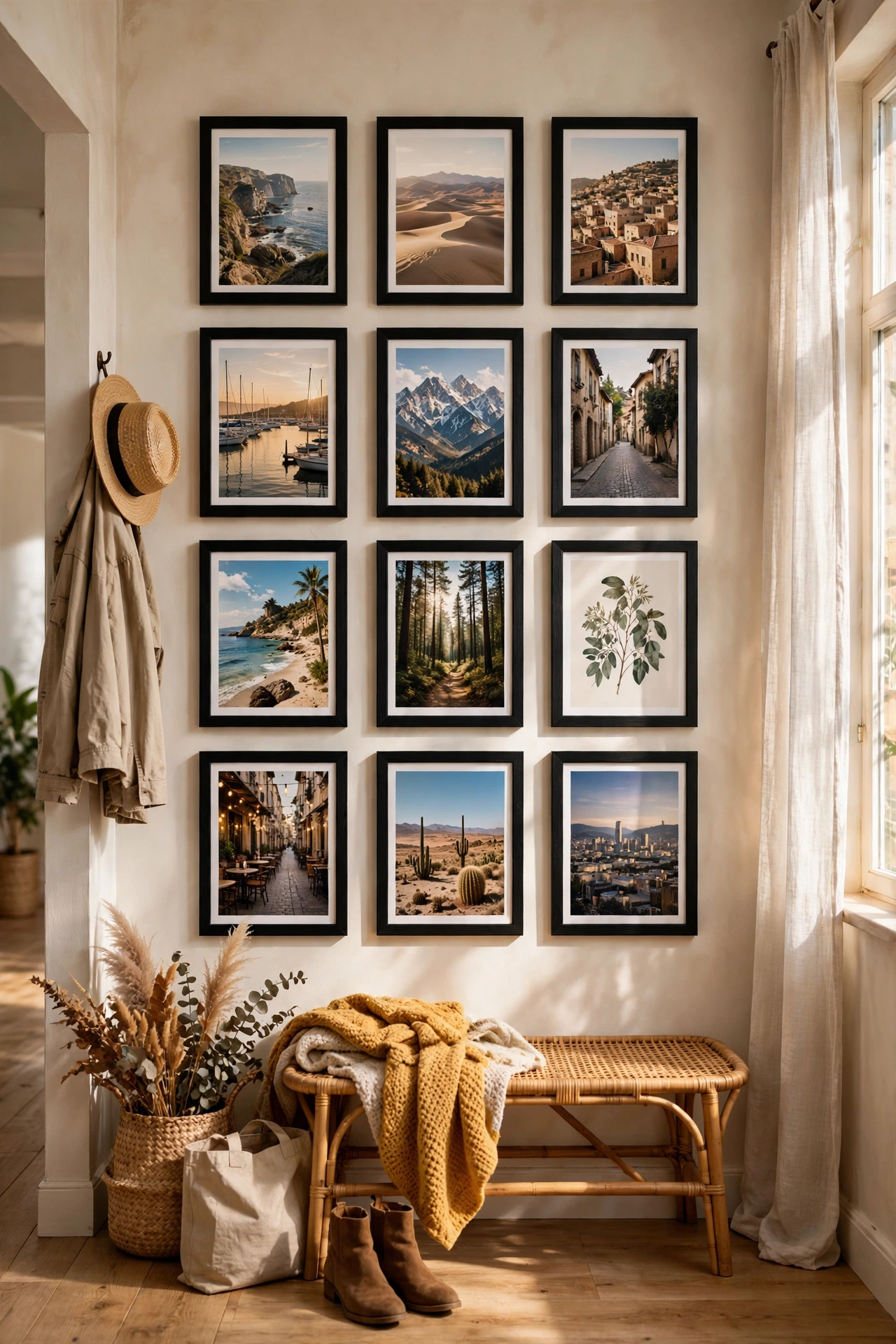 Matching black frames with mixed art prints in a hallway gallery wall