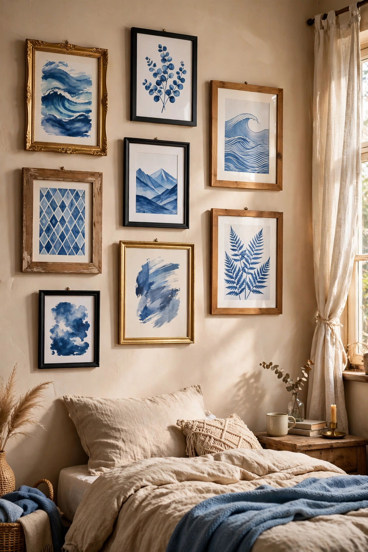 Mismatched charity shop frames with blue-toned art in a bedroom gallery wall