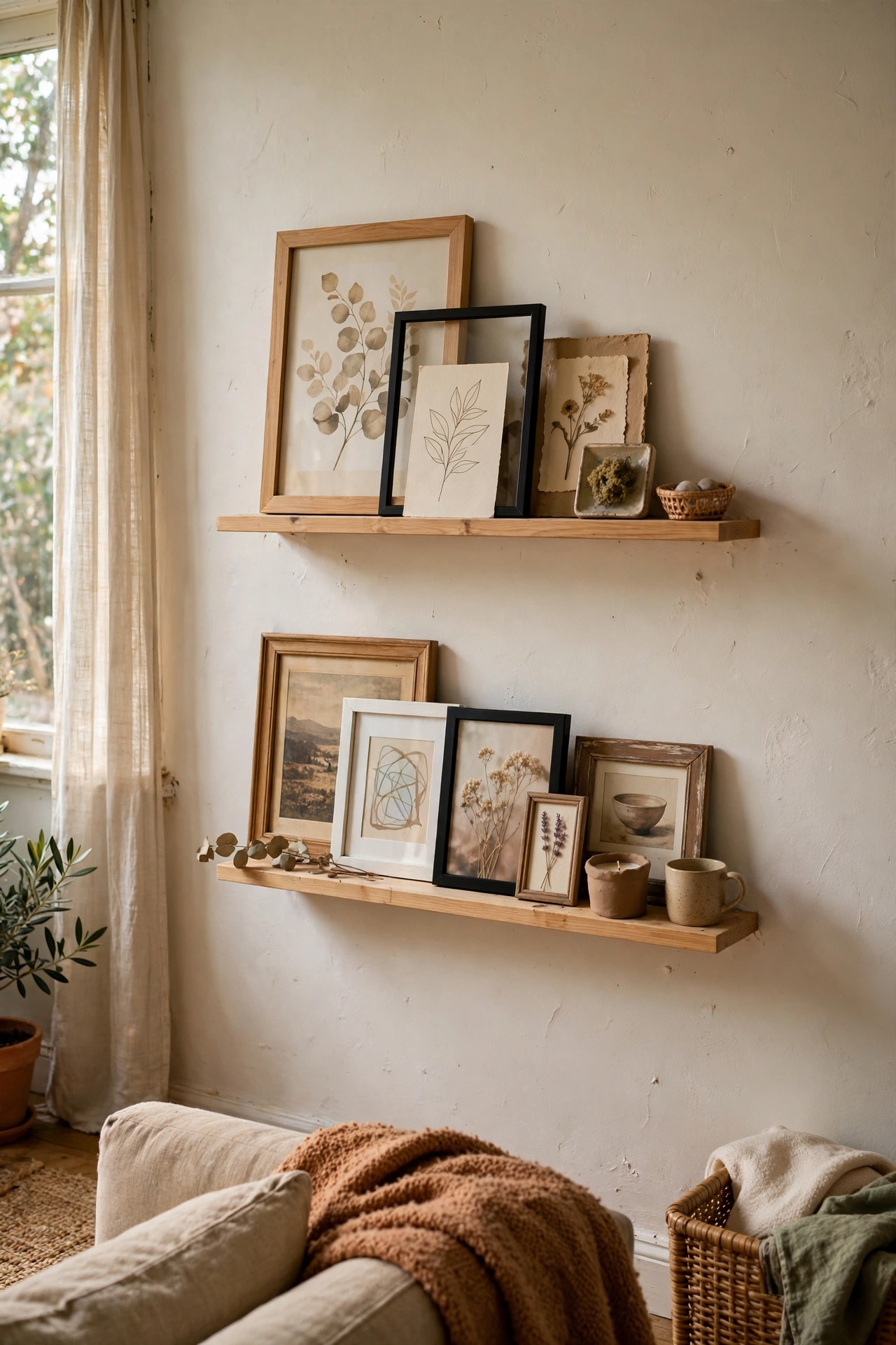 Picture ledge shelves with layered leaning frames in a living room