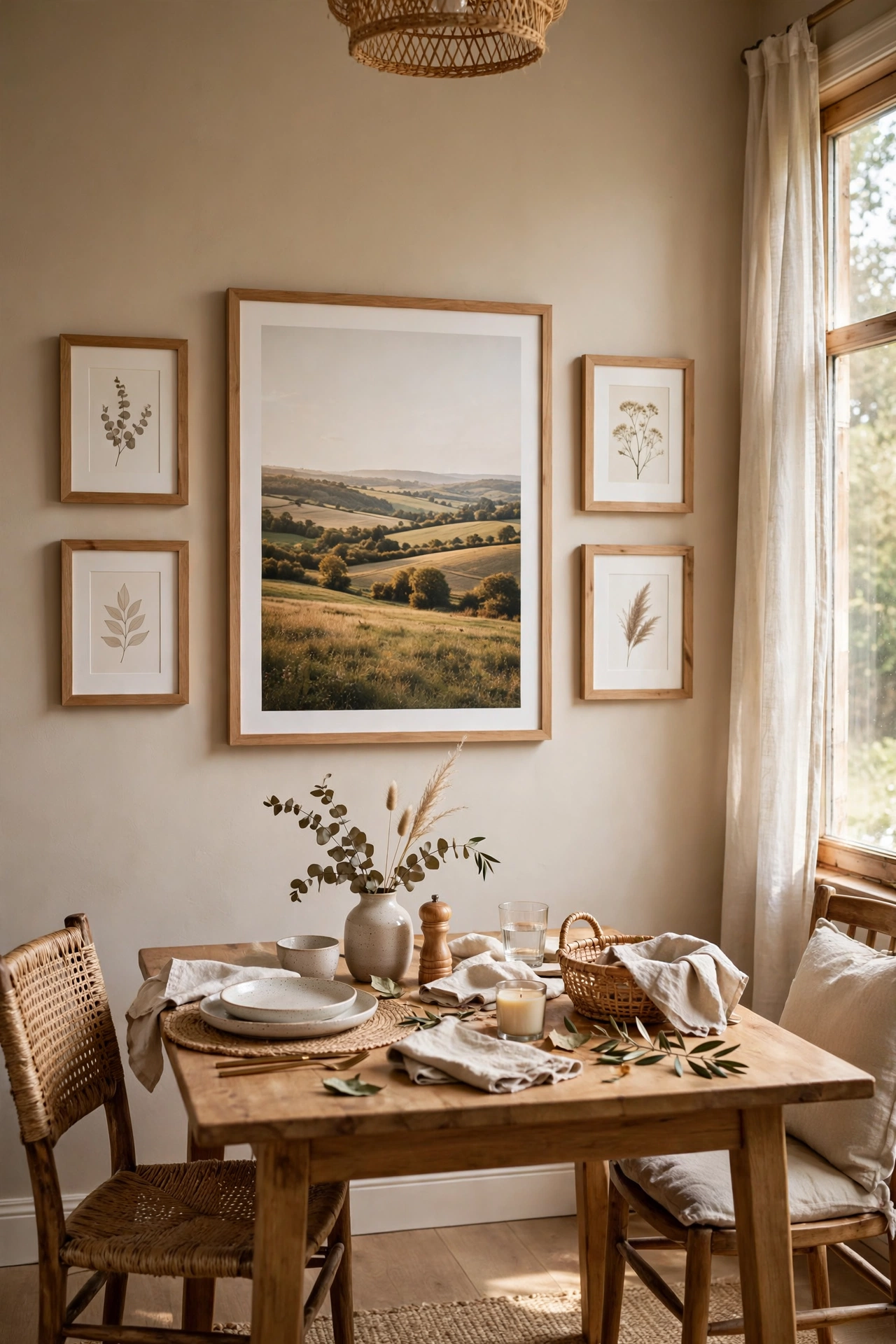 Symmetrical gallery wall with a large landscape print flanked by small frames