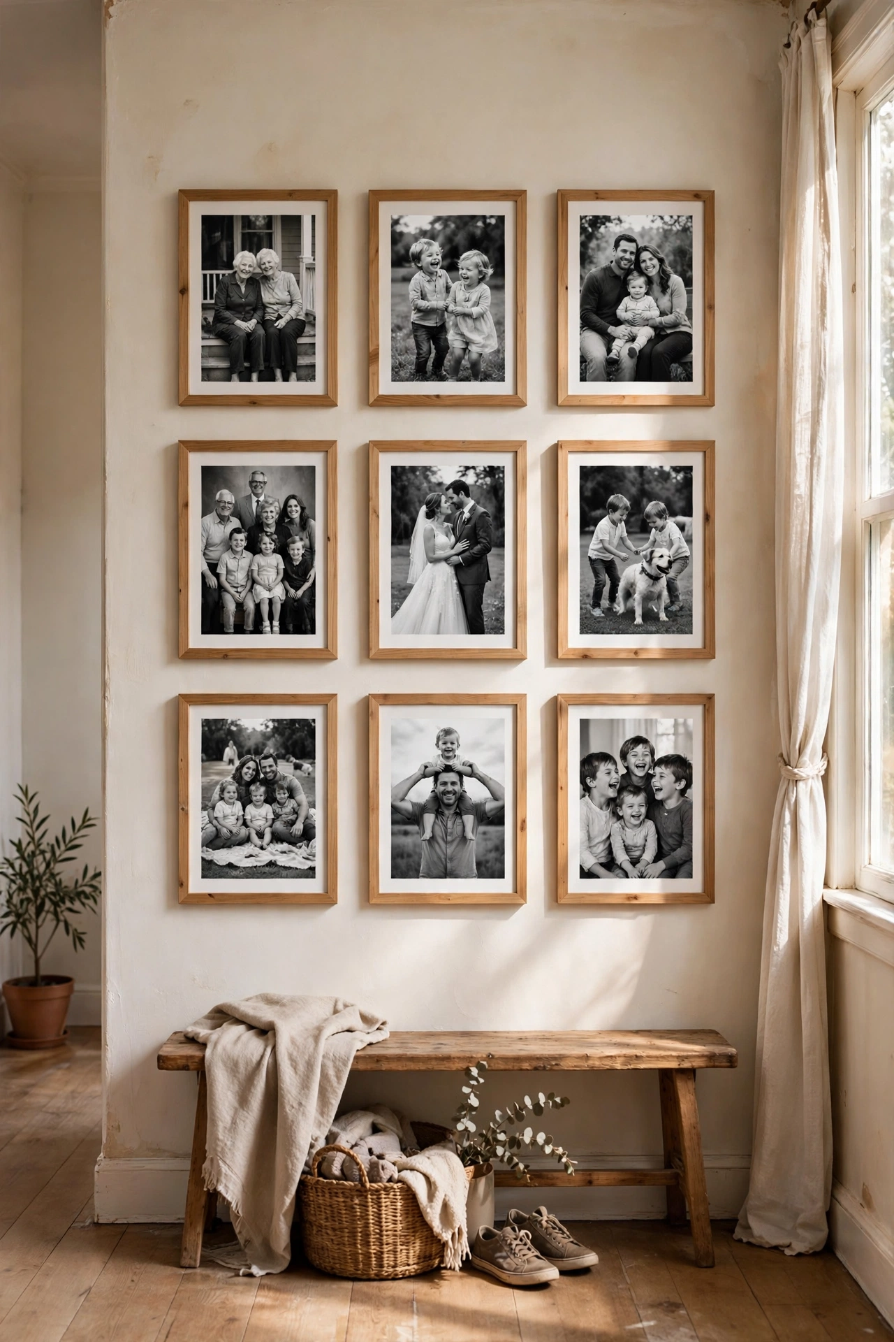 Precise grid of nine black and white family photos in a hallway