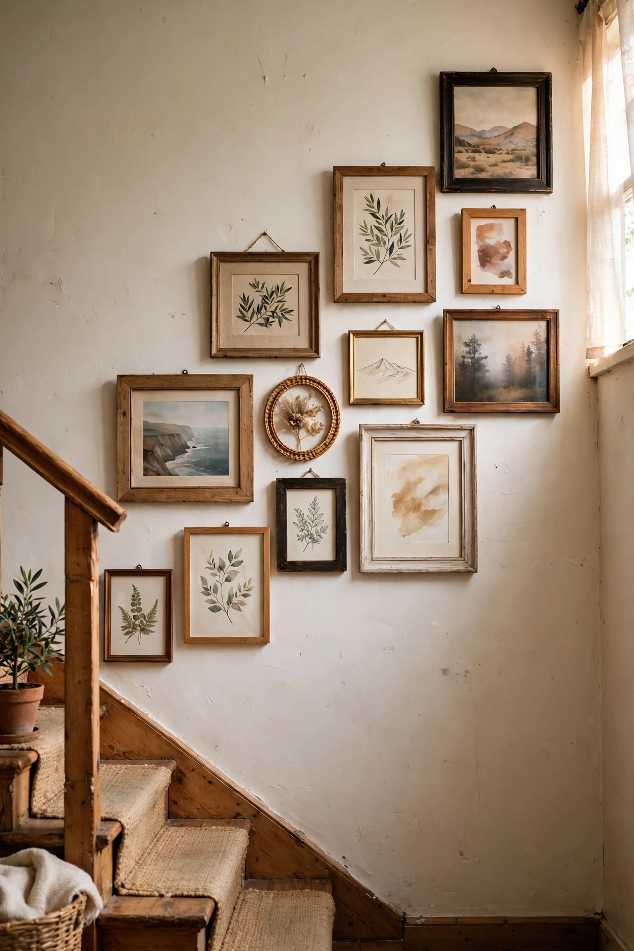 Organic salon-style cluster of eleven frames climbing a staircase wall
