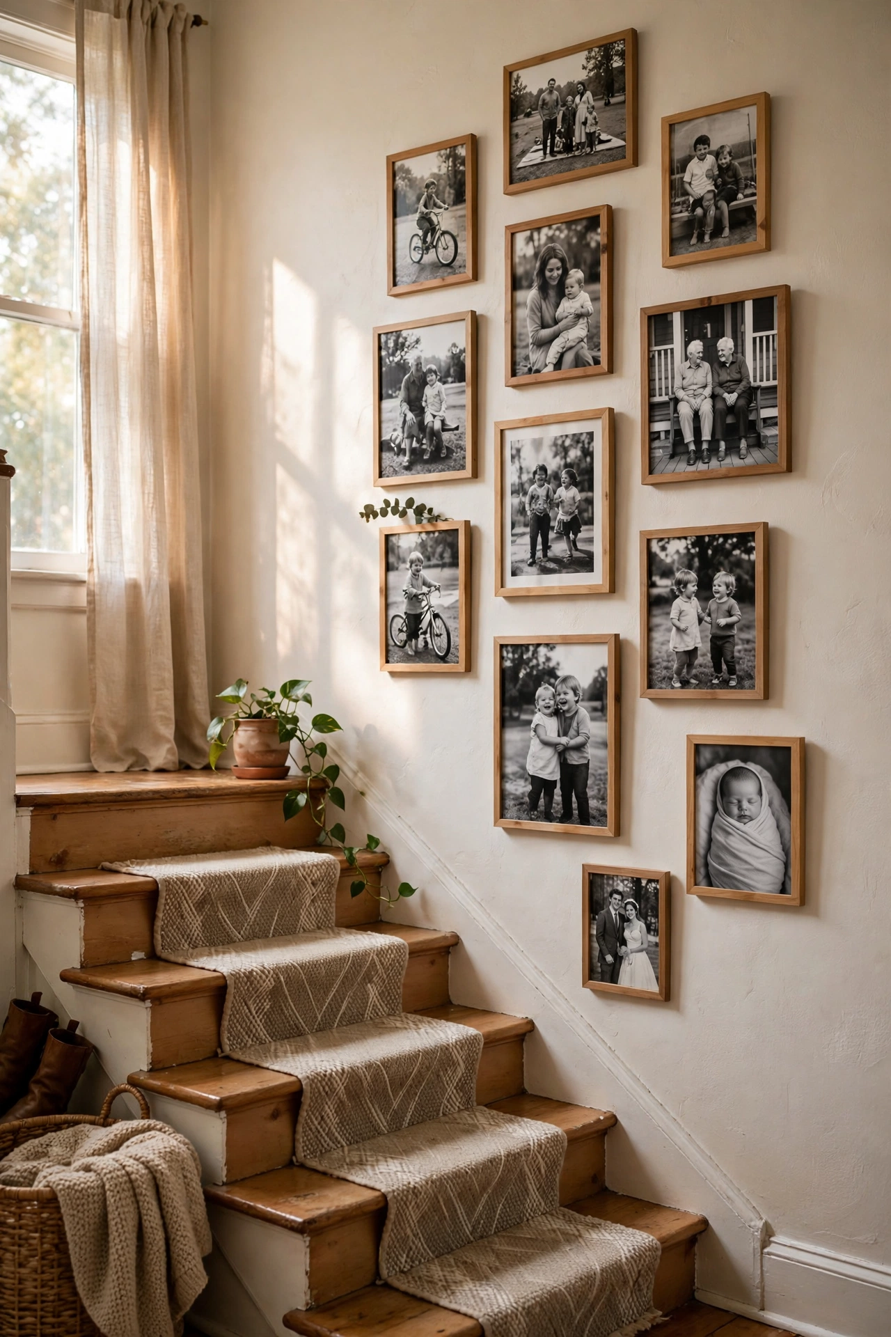Stairway gallery wall of black and white family photos in simple frames
