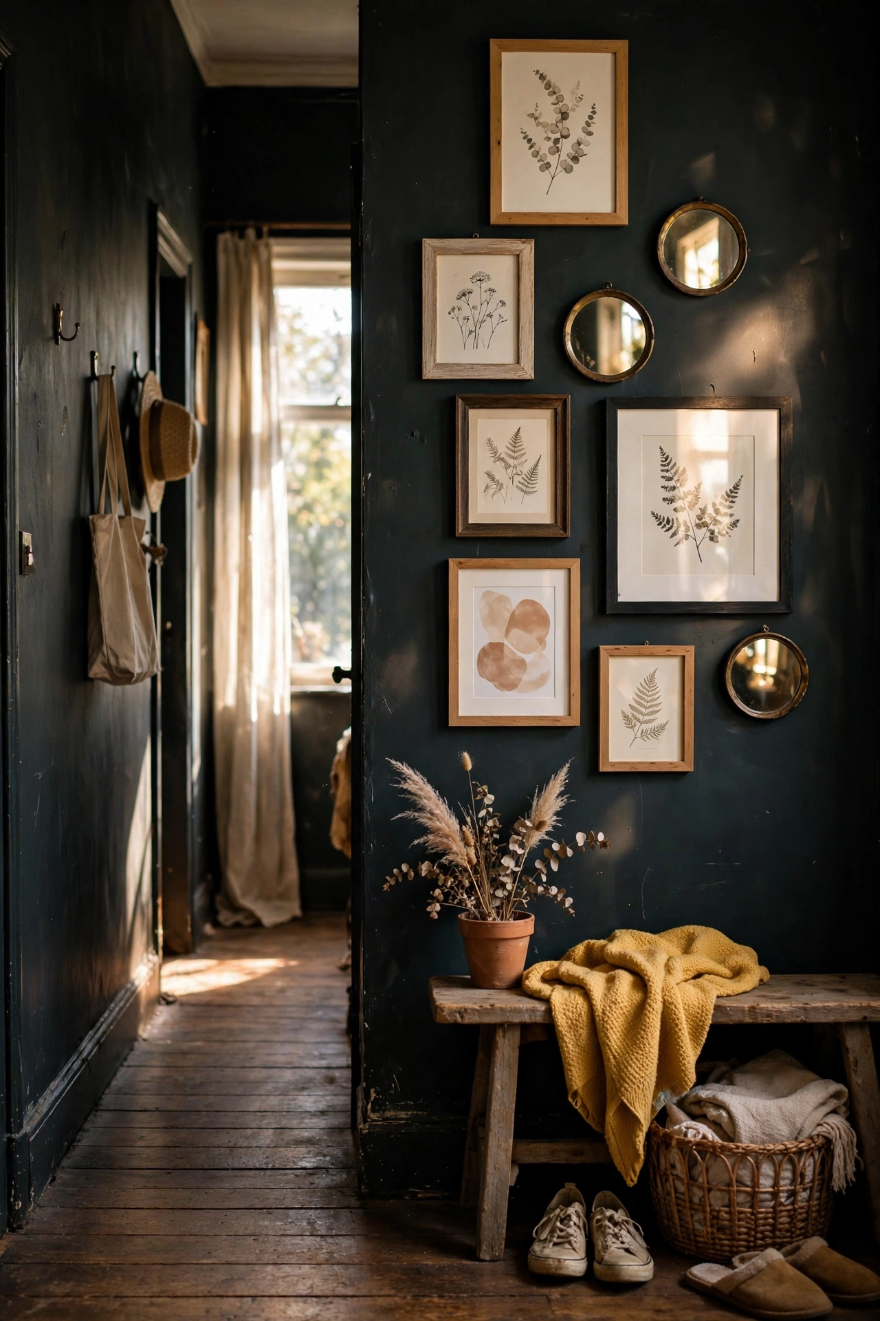 Dark hallway gallery wall mixing framed art with small brass mirrors