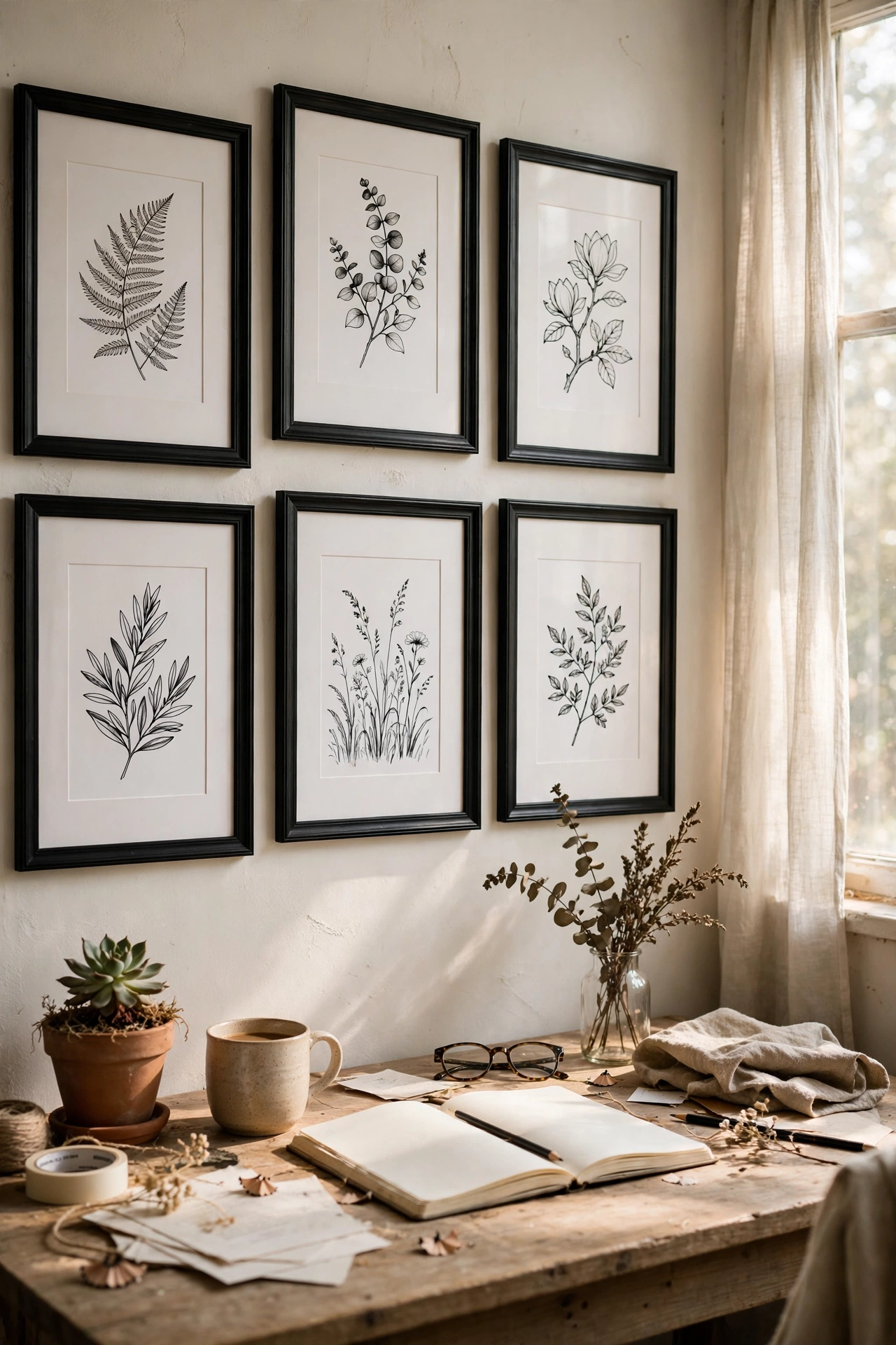 Black and white botanical prints in black frames above a desk
