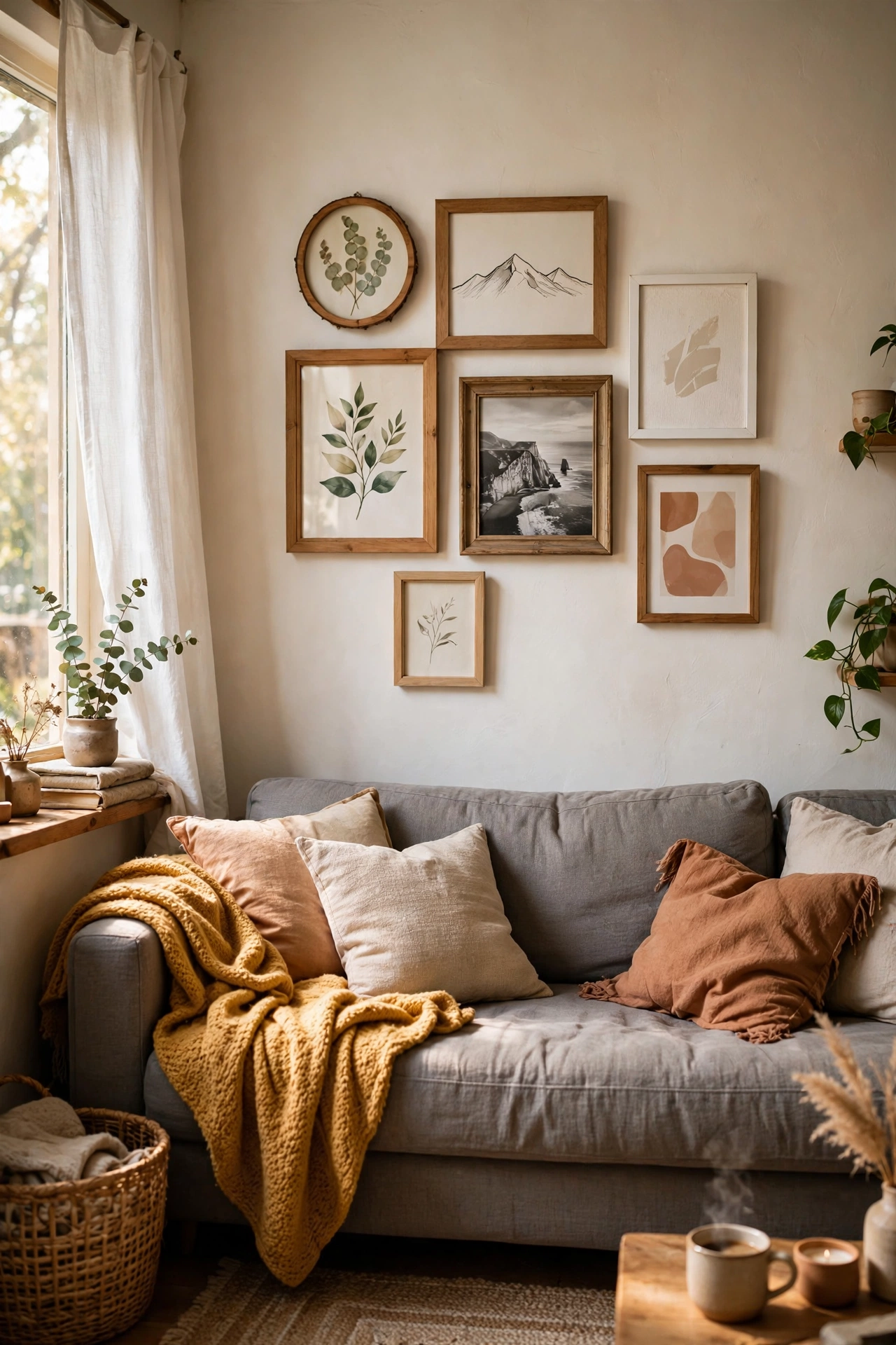 Gallery wall cluster centred above a sofa at the correct height