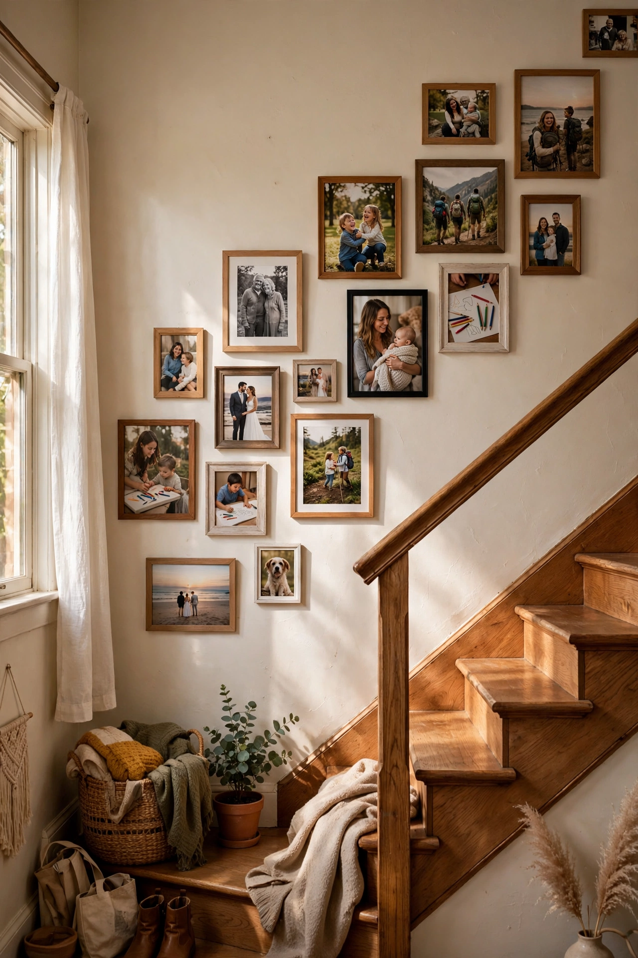 Family photo gallery wall flowing diagonally up a staircase