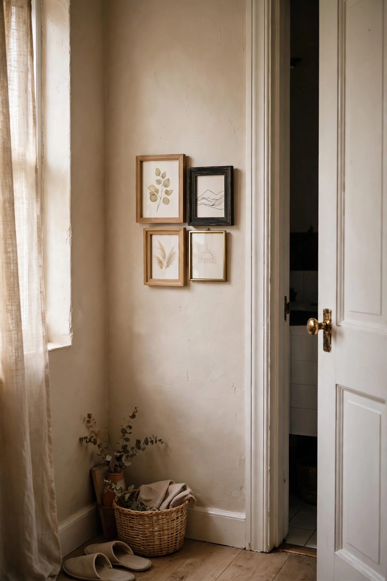 Tight cluster of four small frames on a narrow wall beside a door
