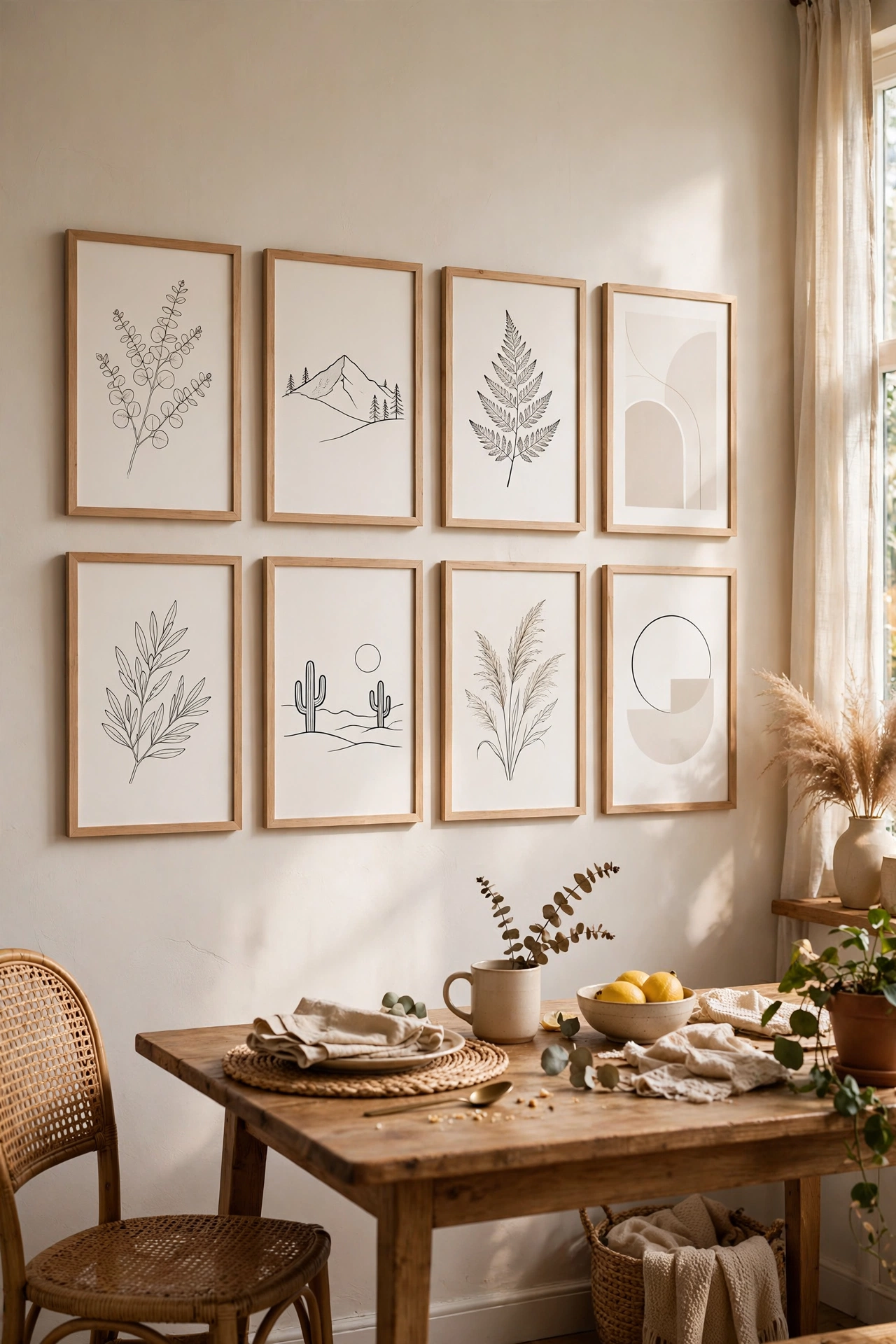 Dining room gallery wall of eight free printable art pieces in discount frames