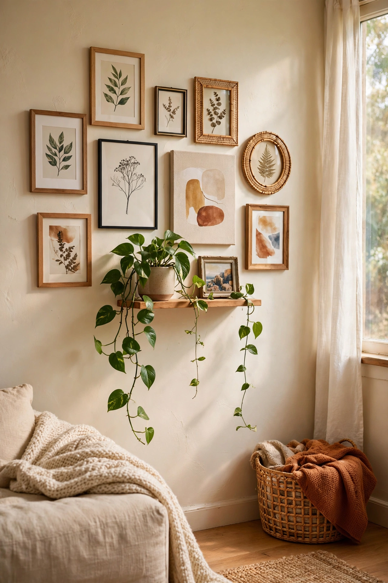 Gallery wall with a small floating shelf holding a trailing pothos plant