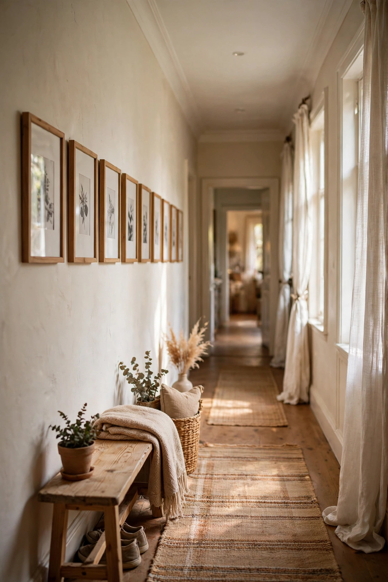 Long hallway with a single horizontal line of matching frames