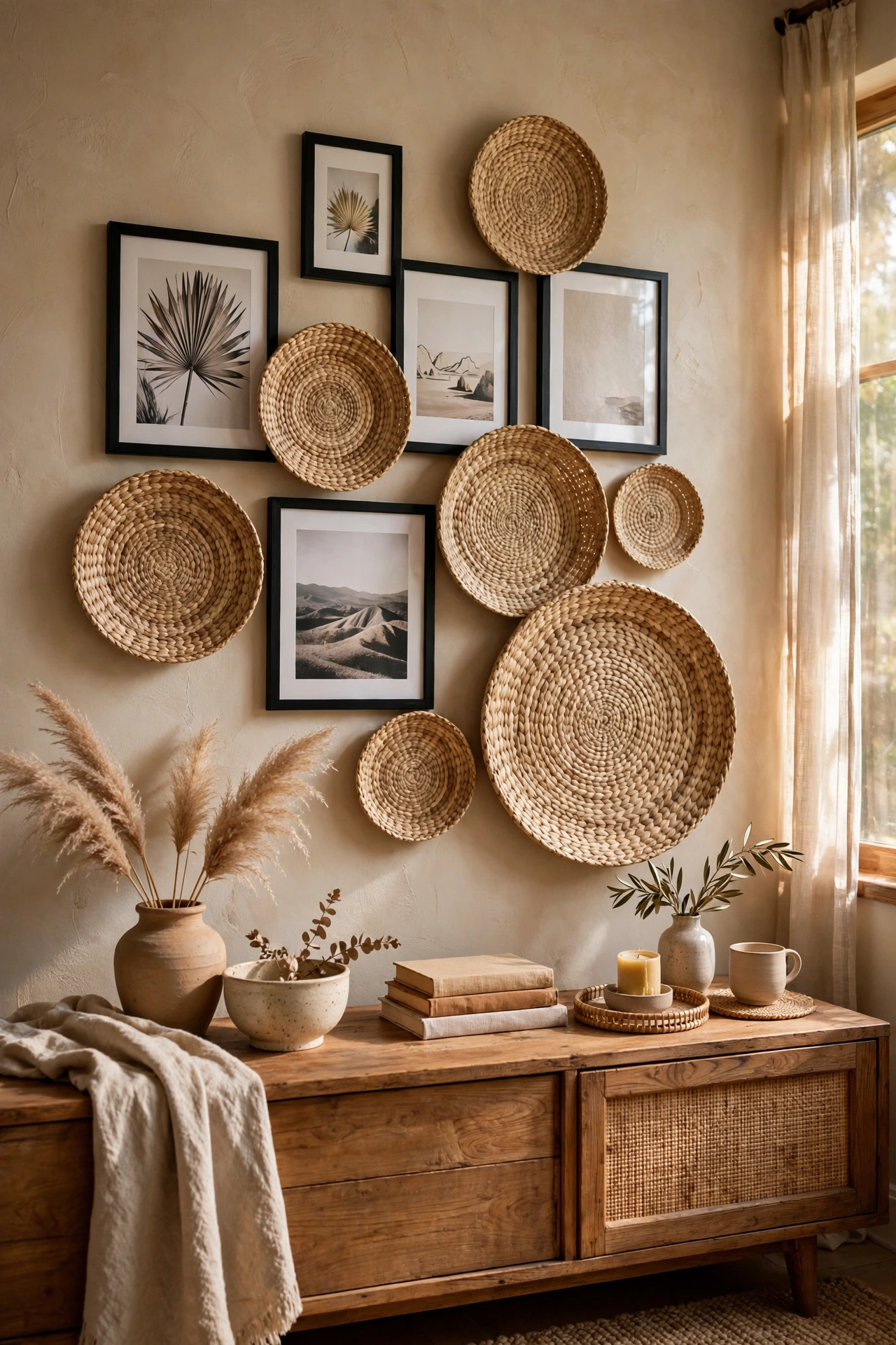 Gallery wall mixing black frames with flat woven seagrass baskets