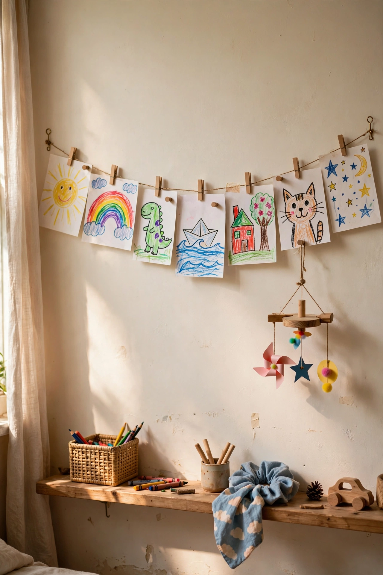 Child's bedroom wall with colourful art clipped to a wire with mini pegs