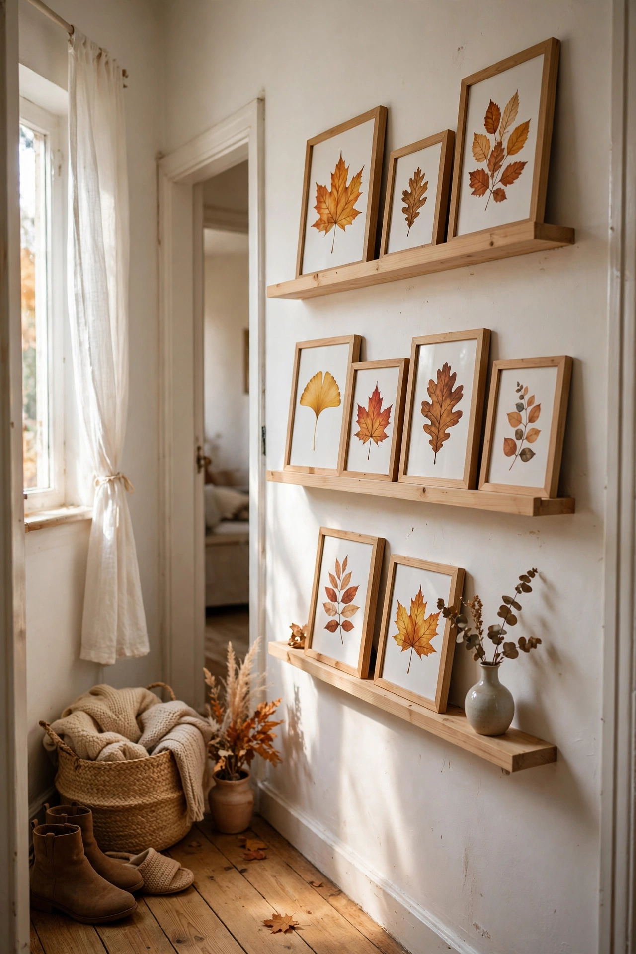 Hallway picture ledges styled with autumn leaf prints for the season