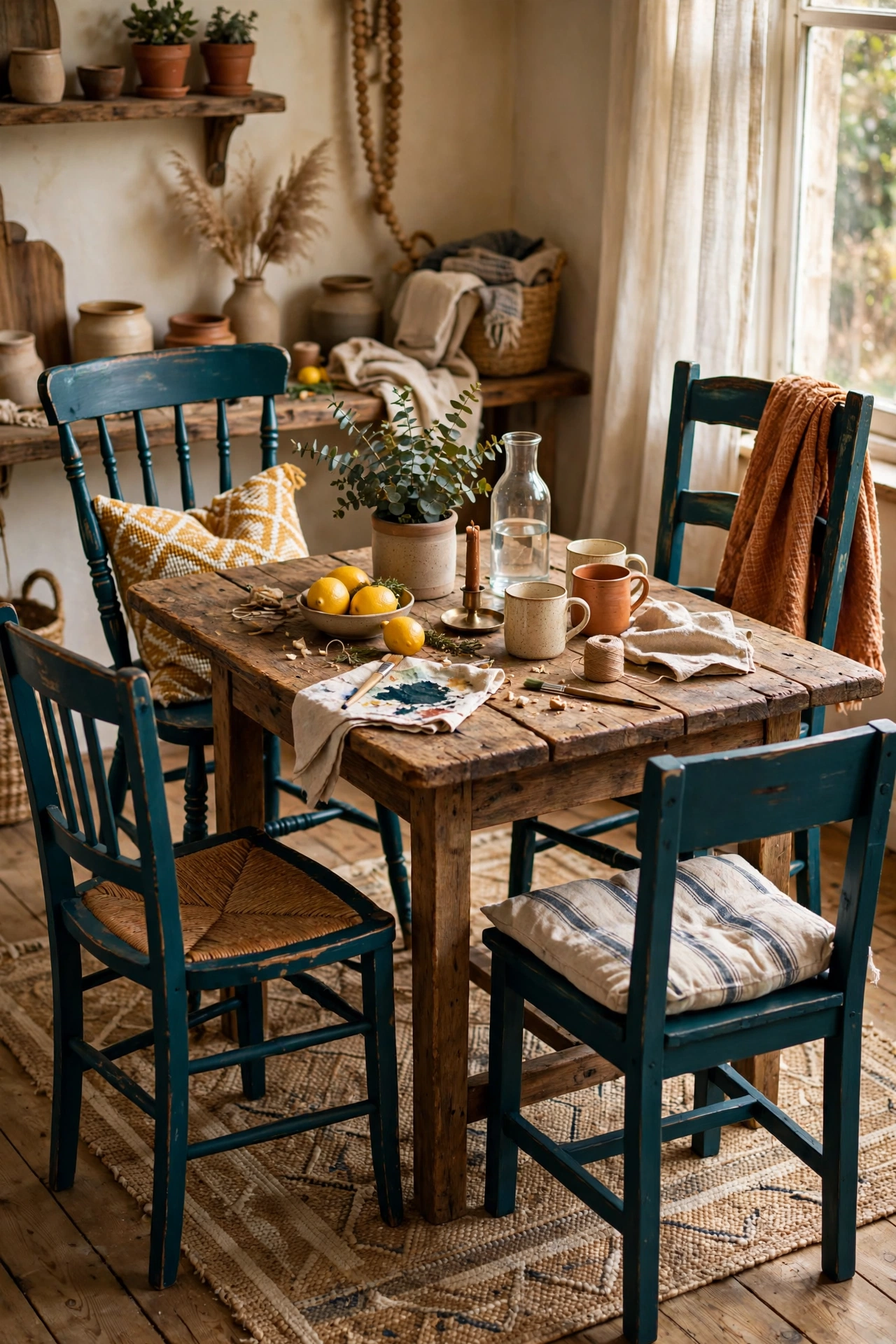 Four mismatched wooden chairs all painted deep teal around a dining table