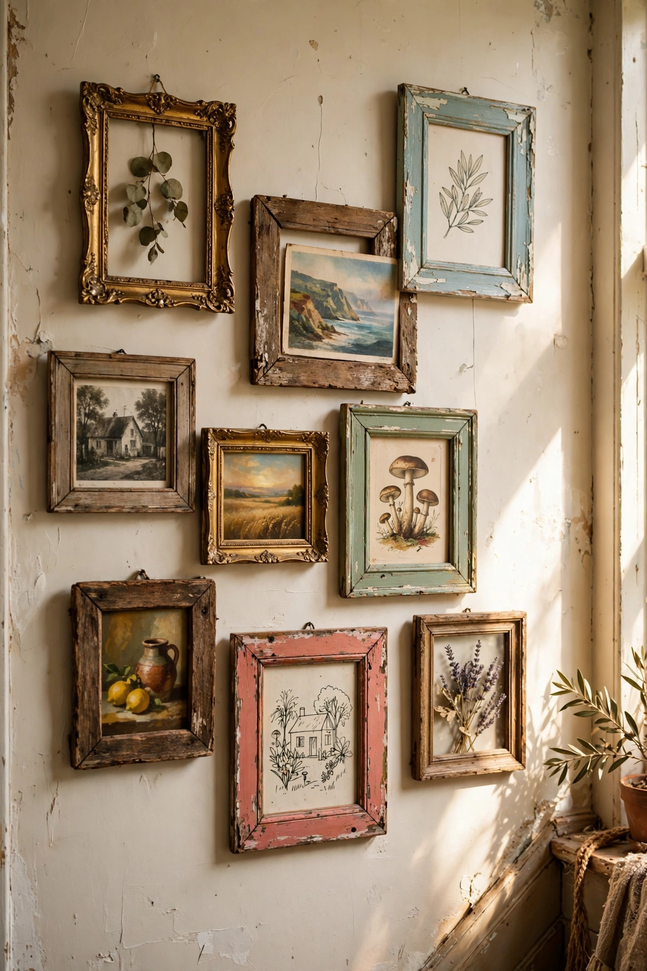 Salon-style cluster of mismatched vintage frames on a hallway wall