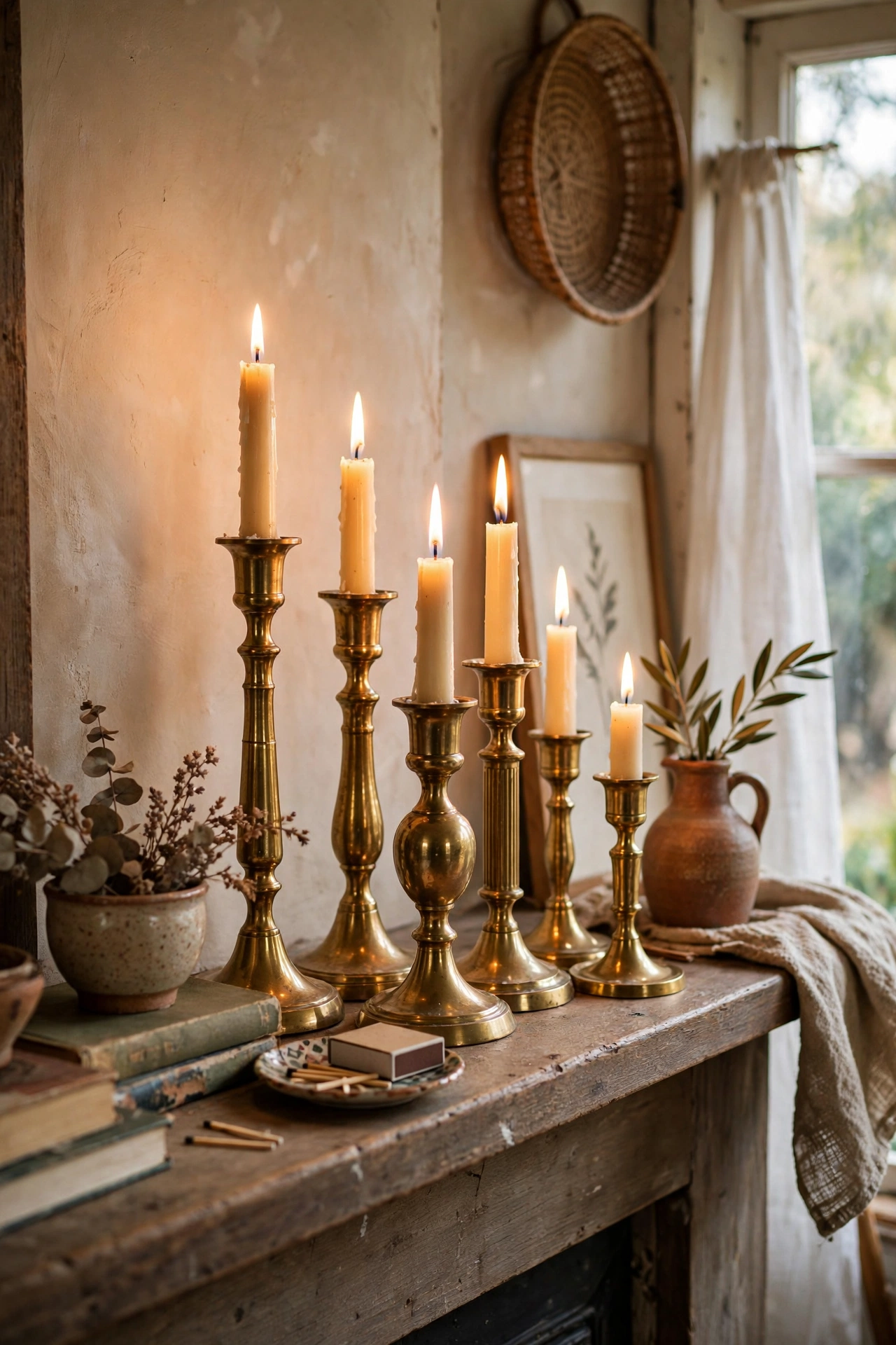 Cluster of polished brass candlesticks in different heights on a mantel